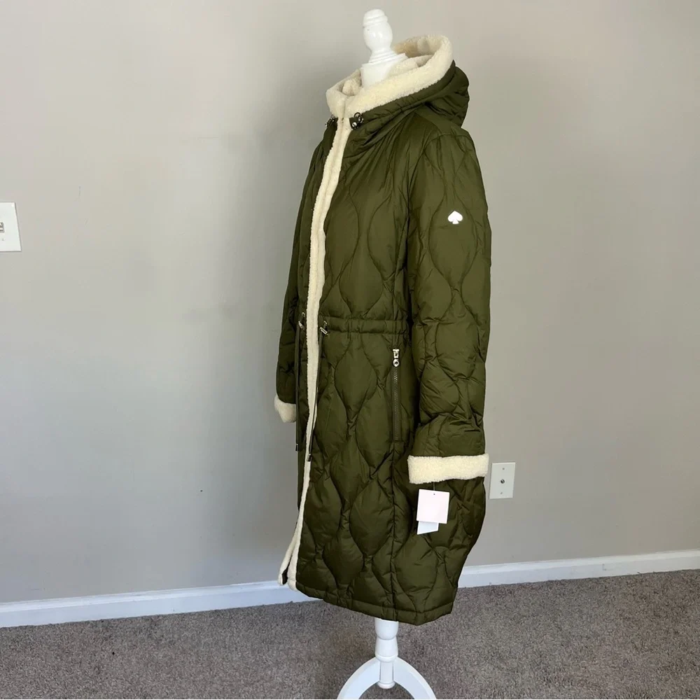 NWT KATE SPADE FAUX SHEARLING TRIM DOWN AND FEATHER FILL LONG COAT OLIVE SIZE XL - Picture 9 of 16